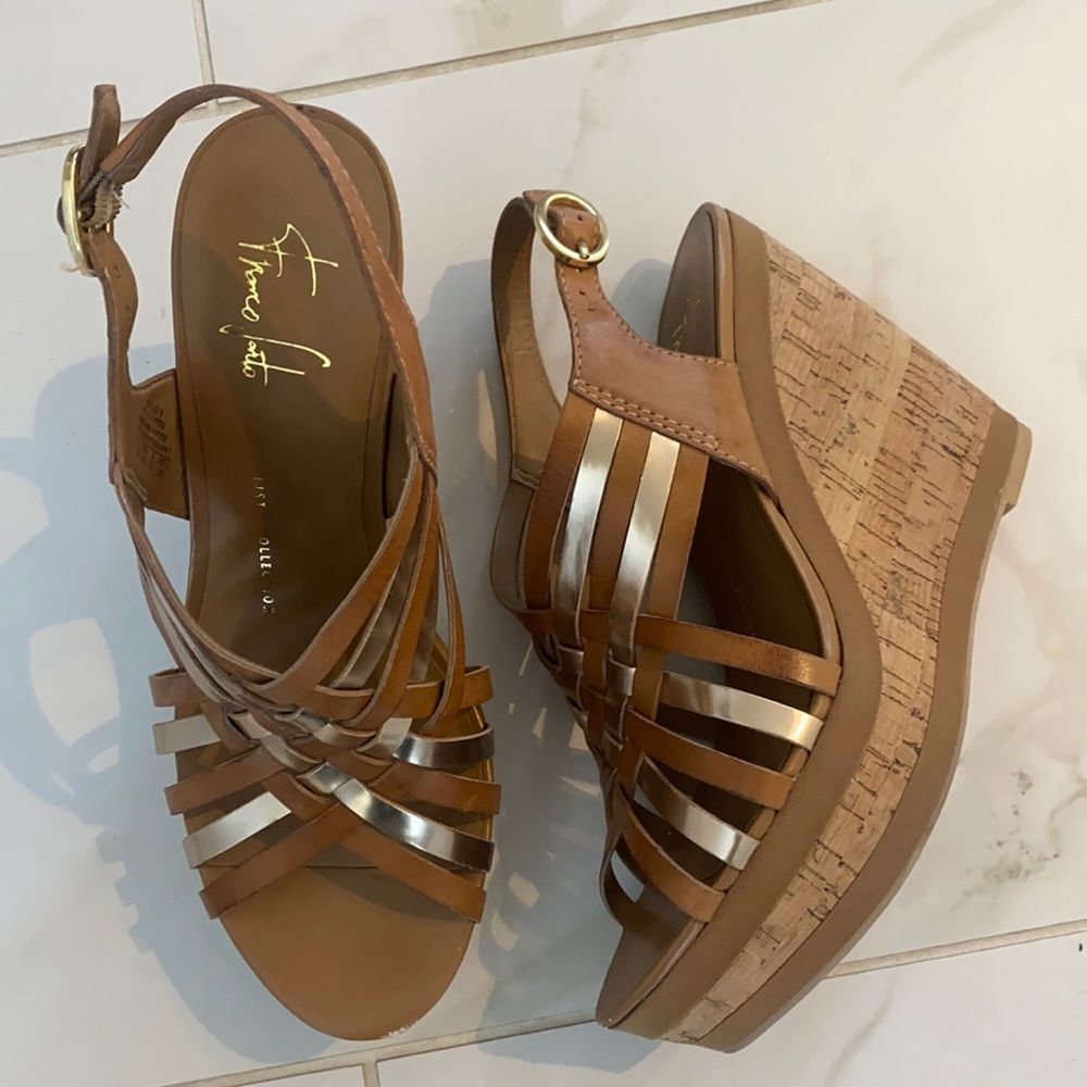 Sz 7.5 Franco Sarto woven leather wedge heels